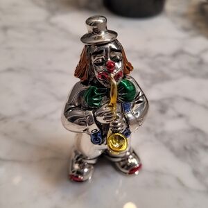 Hazorfim Silver Clown Figurine with Colorful Accents and 🎷 saxophone
